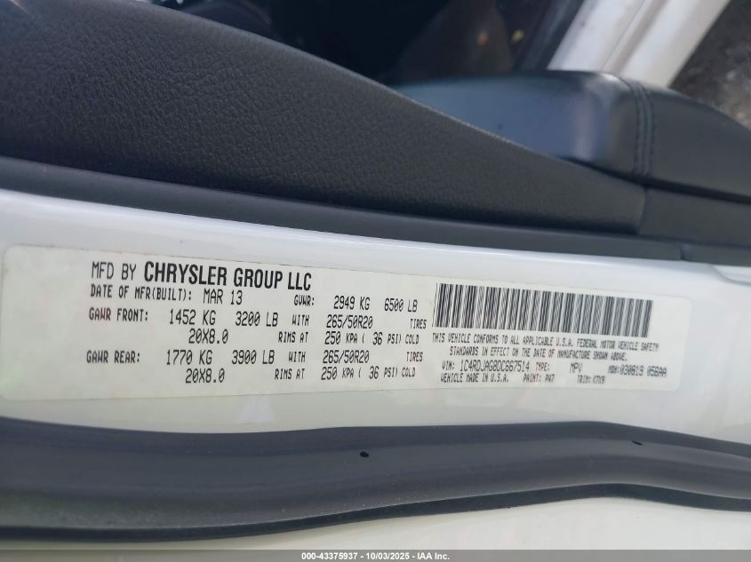 2013 Dodge Durango Sxt VIN: 1C4RDJAG8DC667514 Lot: 43375937