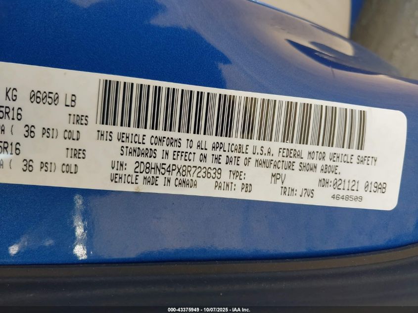 2008 Dodge Grand Caravan Sxt VIN: 2D8HN54PX8R723639 Lot: 43375949