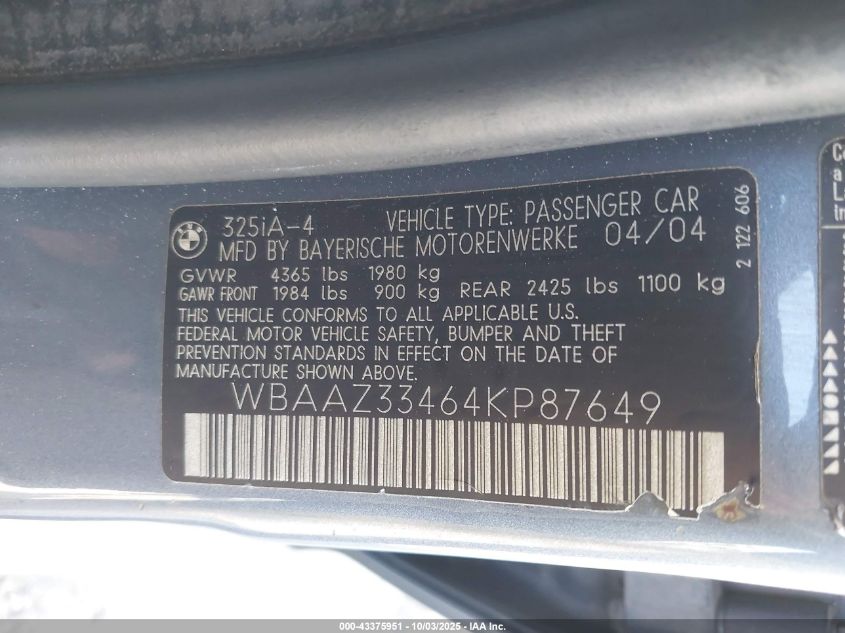 2004 BMW 325I VIN: WBAAZ33464KP87649 Lot: 43375951