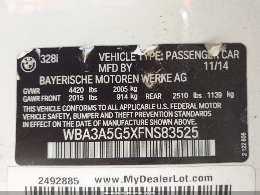 2015 BMW 328I VIN: WBA3A5G5XFNS83525 Lot: 43375955