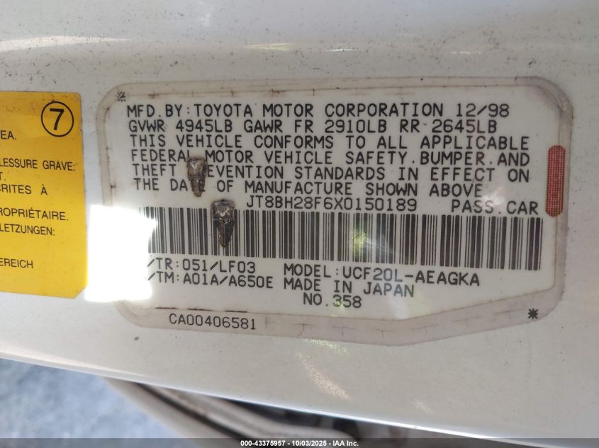 1999 Lexus Ls 400 VIN: JT8BH28F6X0150189 Lot: 43375957