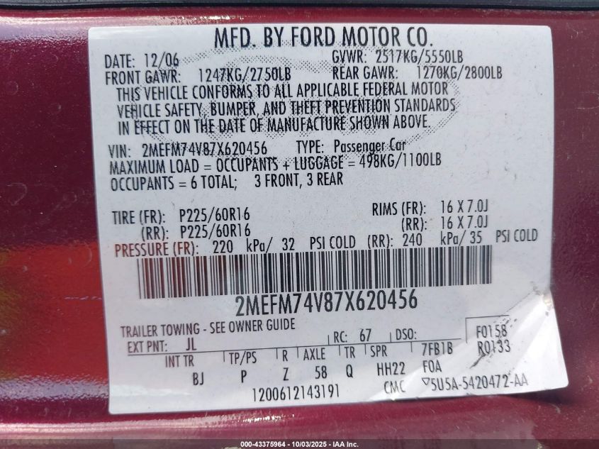 2007 Mercury Grand Marquis Gs VIN: 2MEFM74V87X620456 Lot: 43375964