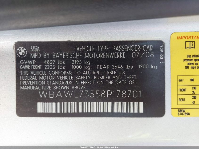2008 BMW 335I VIN: WBAWL73558P178701 Lot: 43375967