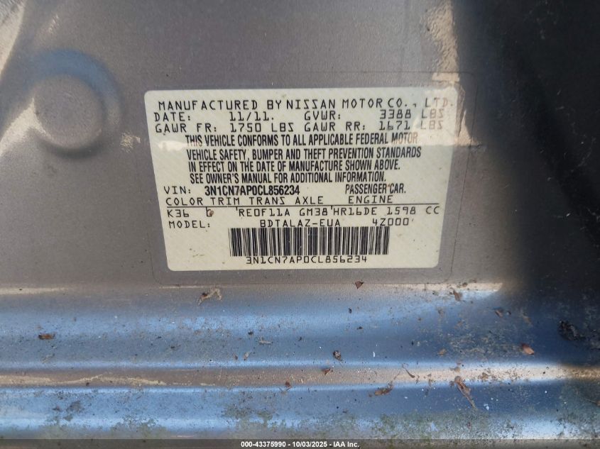 2012 Nissan Versa 1.6 S VIN: 3N1CN7AP0CL856234 Lot: 43375990