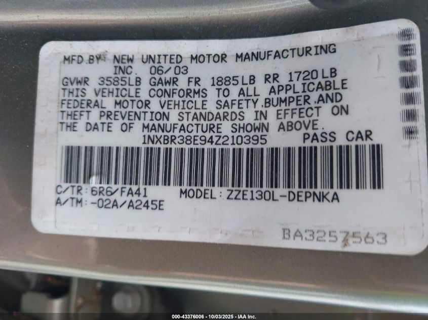 2004 Toyota Corolla Le VIN: 1NXBR38E94Z210395 Lot: 43376006