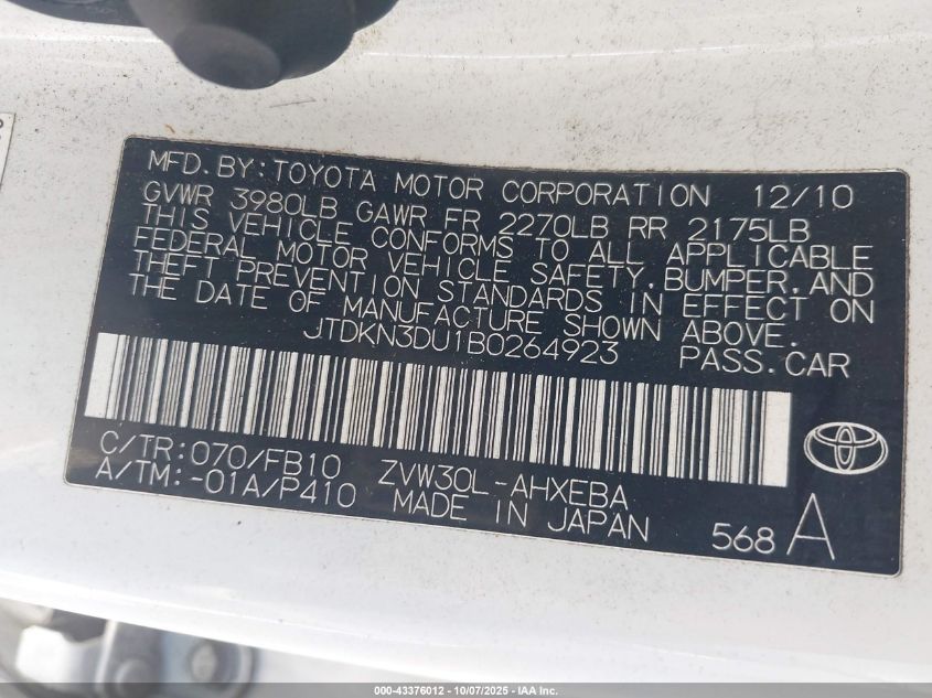 2011 Toyota Prius Three VIN: JTDKN3DU1B0264923 Lot: 43376012