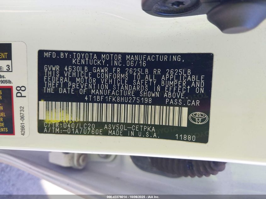 2017 Toyota Camry Xse VIN: 4T1BF1FK8HU275198 Lot: 43376014