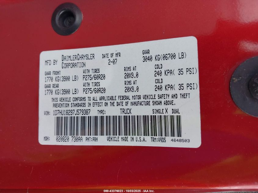 2007 Dodge Ram 1500 Slt/Trx4 Off Road/Sport VIN: 1D7HU18297J579387 Lot: 43376023
