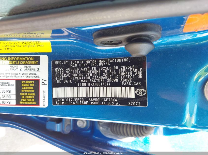 2017 Toyota Camry Se VIN: 4T1BF1FKXHU647544 Lot: 43376043