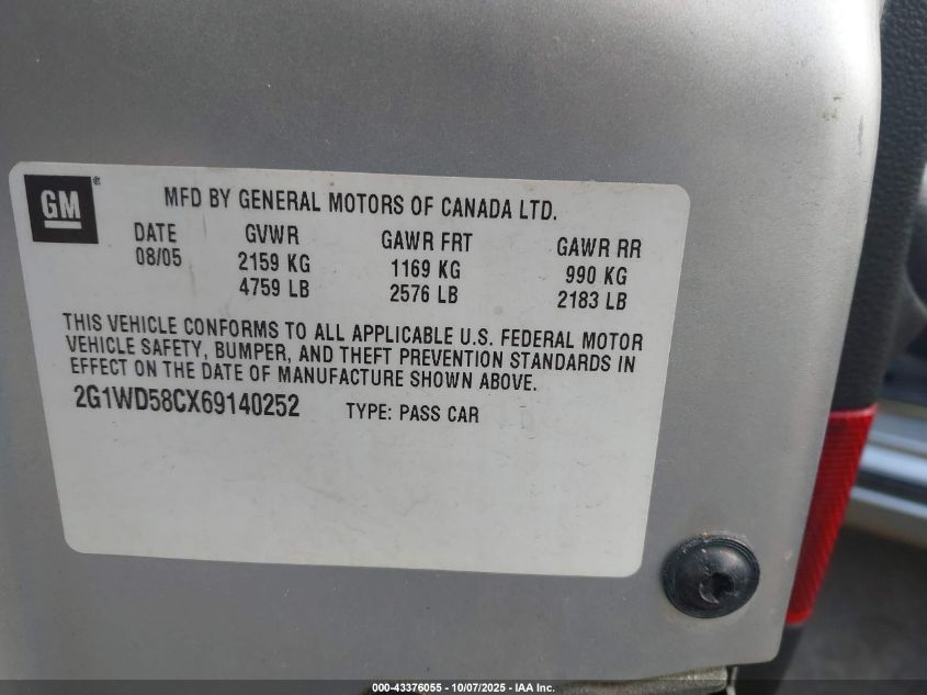 2006 Chevrolet Impala Ss VIN: 2G1WD58CX69140252 Lot: 43376055