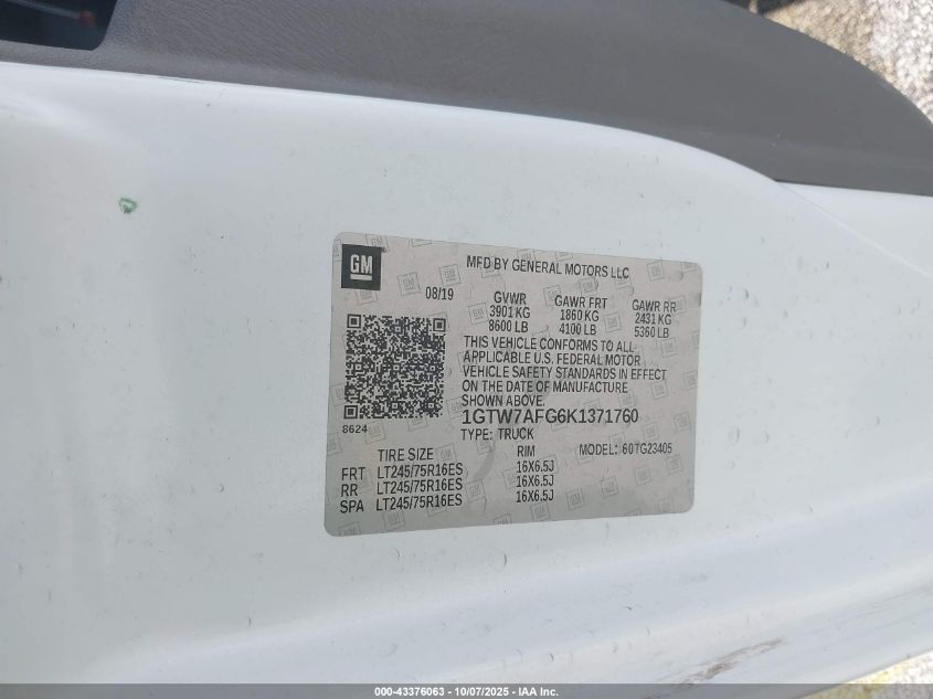 2019 GMC Savana 2500 Work Van VIN: 1GTW7AFG6K1371760 Lot: 43376063