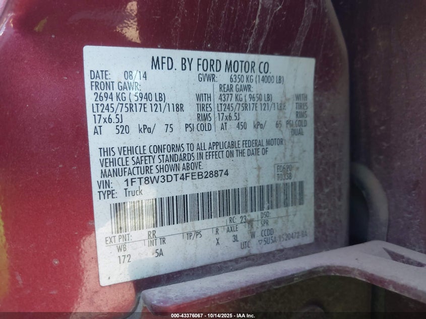 2015 Ford F-350 Lariat VIN: 1FT8W3DT4FEB28874 Lot: 43376067