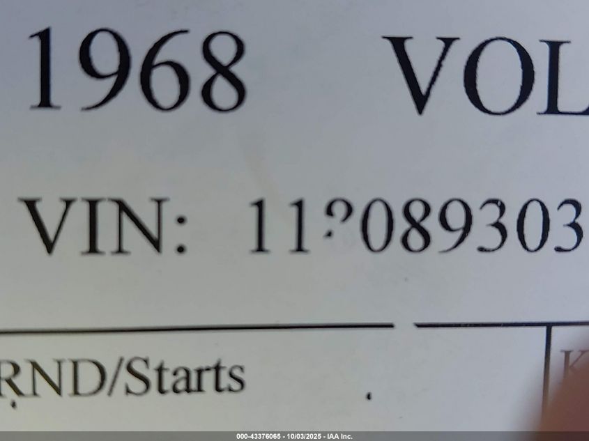 1968 Volkswagen Beetle VIN: 118089303 Lot: 43376065