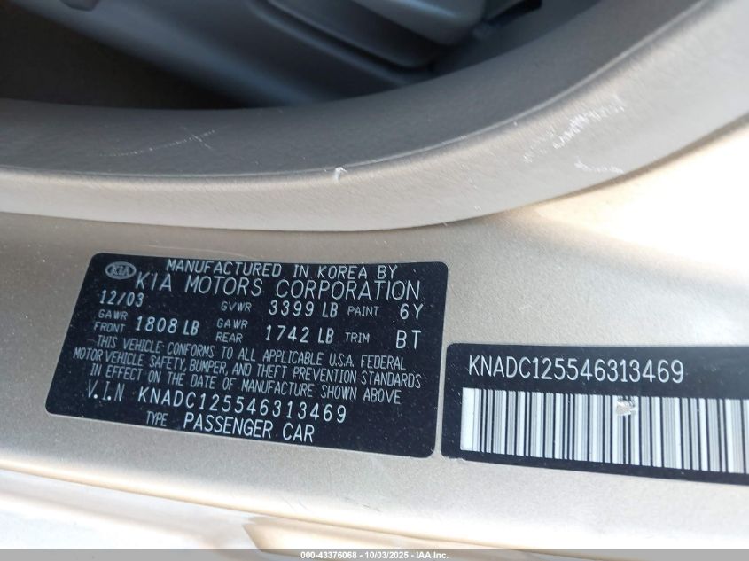 2004 Kia Rio VIN: KNADC125546313469 Lot: 43376068