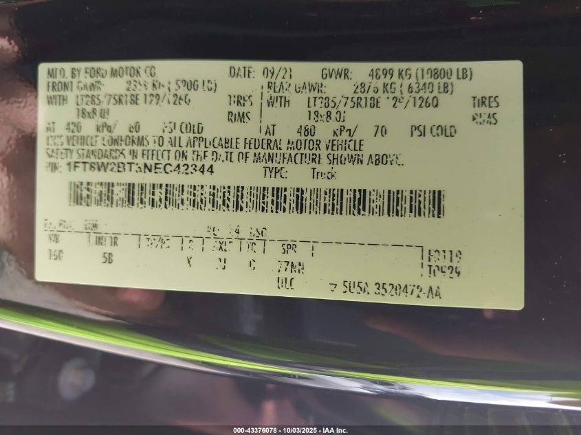 2022 Ford F-250 Lariat VIN: 1FT8W2BT3NEC42344 Lot: 43376078