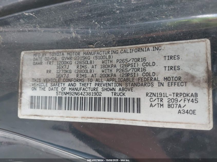 2004 Toyota Tacoma Prerunner VIN: 5TENM92N64Z381902 Lot: 43376084