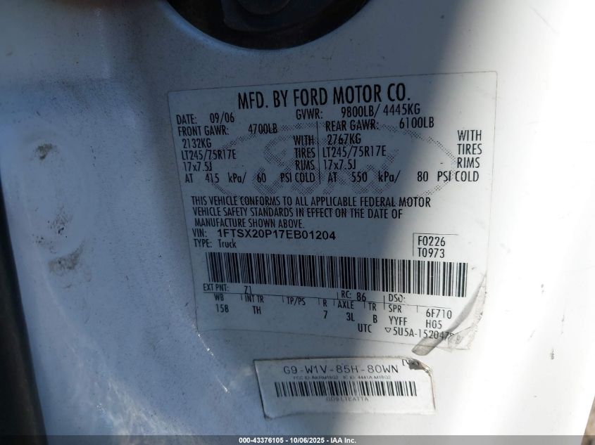 2007 Ford F-250 Lariat/Xl/Xlt VIN: 1FTSX20P17EB01204 Lot: 43376105