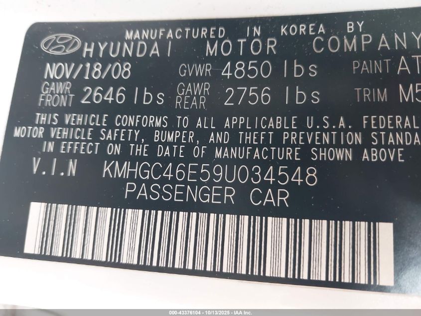 2009 Hyundai Genesis 3.8 VIN: KMHGC46E59U034548 Lot: 43376104