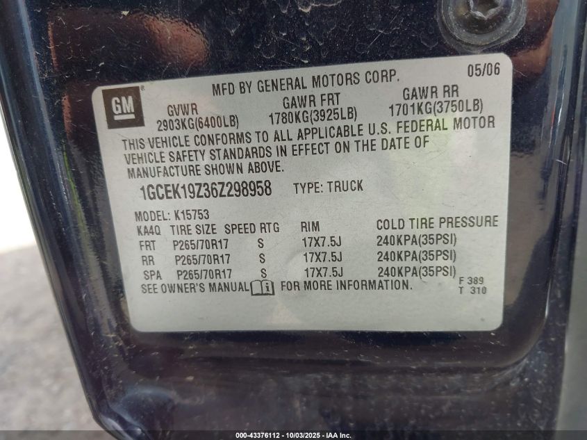 2006 Chevrolet Silverado 1500 Lt1 VIN: 1GCEK19Z36Z298958 Lot: 43376112
