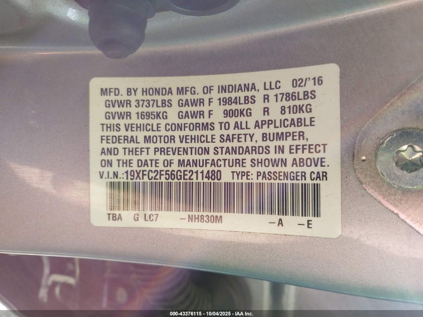 2016 Honda Civic Lx VIN: 19XFC2F56GE211480 Lot: 43376115