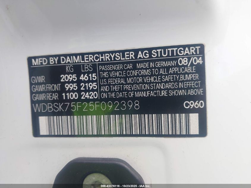 2005 Mercedes-Benz Sl 500 VIN: WDBSK75F25F092398 Lot: 43376116