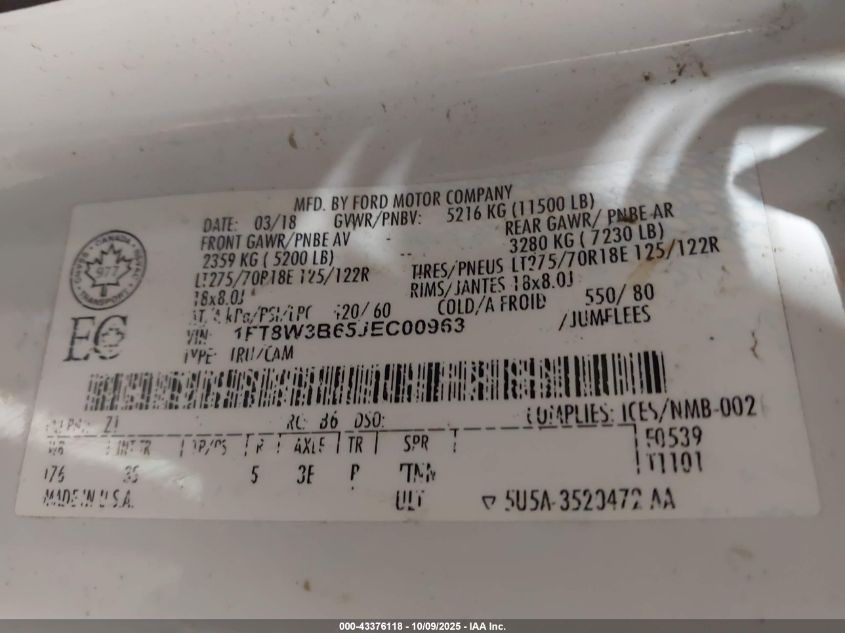 2018 Ford F-350 Xlt VIN: 1FT8W3B65JEC00963 Lot: 43376118