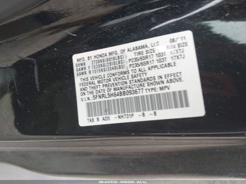 2011 Honda Odyssey Ex-L VIN: 5FNRL5H64BB093677 Lot: 43376125