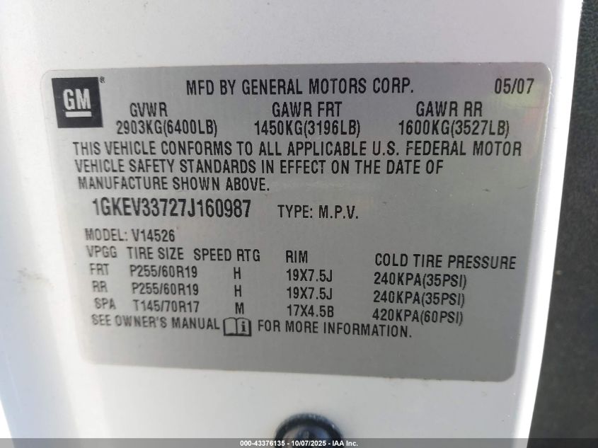 2007 GMC Acadia Slt-1 VIN: 1GKEV33727J160987 Lot: 43376135