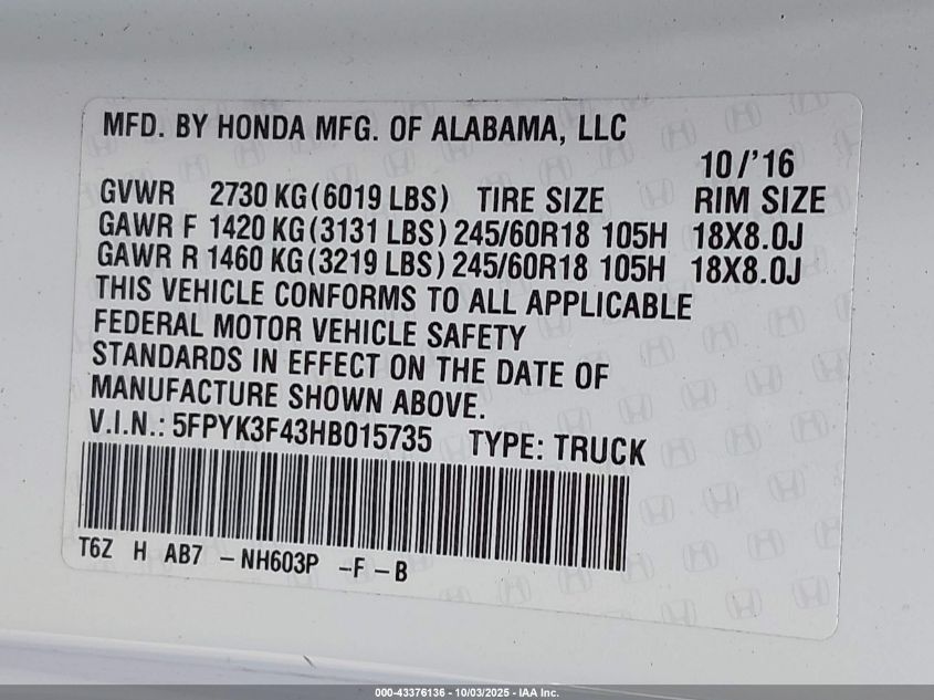 2017 Honda Ridgeline Rts VIN: 5FPYK3F43HB015735 Lot: 43376136