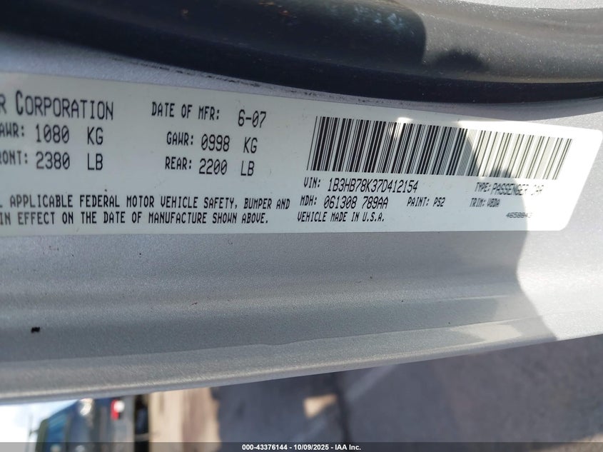 2007 Dodge Caliber R/T VIN: 1B3HB78K37D412154 Lot: 43376144