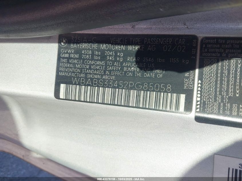 2002 BMW 325Ci VIN: WBABS33452PG85058 Lot: 43376156