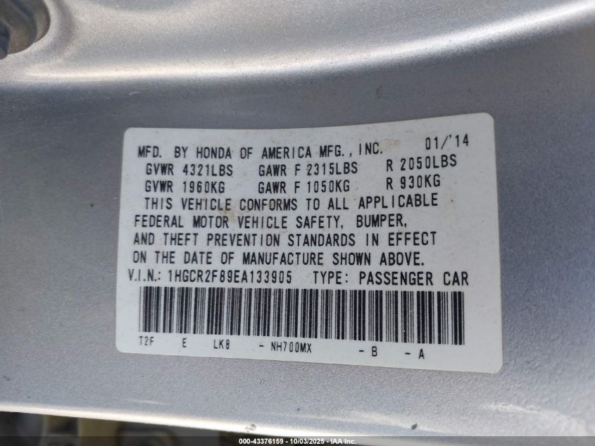 2014 Honda Accord Ex-L VIN: 1HGCR2F89EA133905 Lot: 43376159