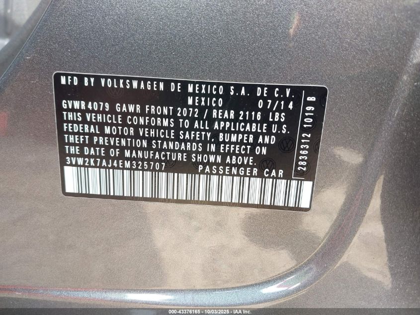 2014 Volkswagen Jetta 2.0L S VIN: 3VW2K7AJ4EM325707 Lot: 43376165