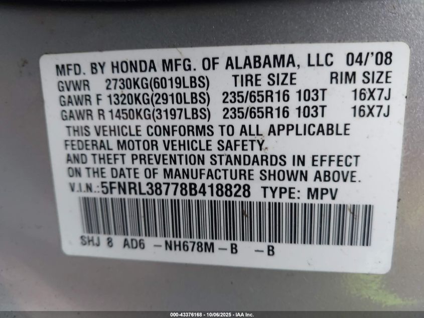 2008 Honda Odyssey Ex-L VIN: 5FNRL38778B418828 Lot: 43376168