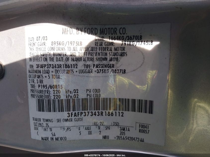 2003 Ford Focus Zx5 VIN: 3FAFP37343R186112 Lot: 43376174