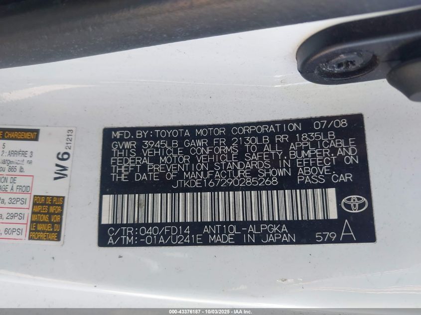 2009 Scion Tc VIN: JTKDE167290285268 Lot: 43376187