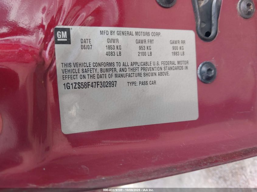 2007 Chevrolet Malibu Ls VIN: 1G1ZS58F47F302897 Lot: 43376189