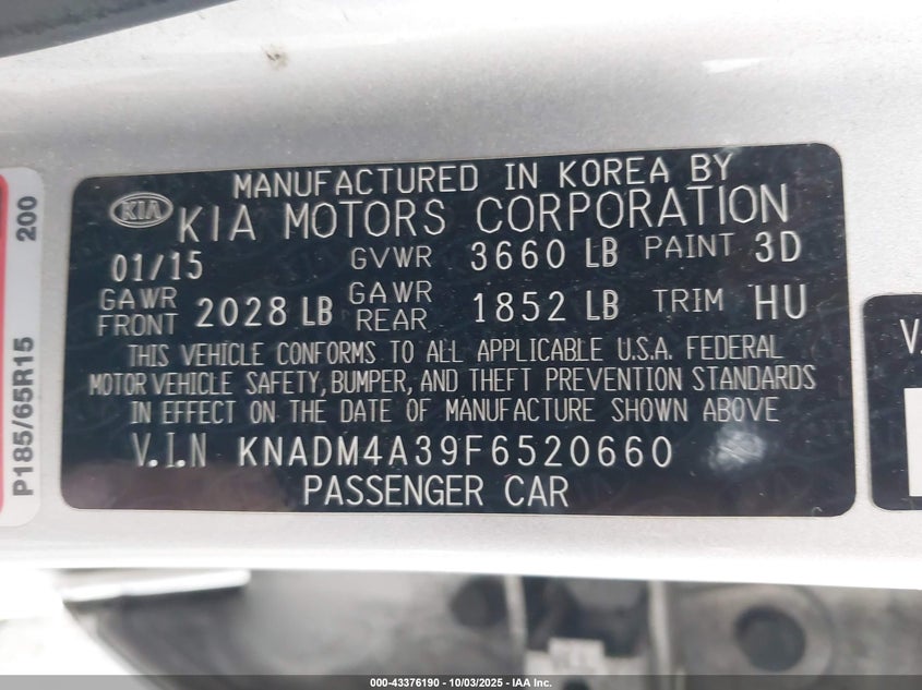 2015 KIA RIO LX KNADM4A39F6520660