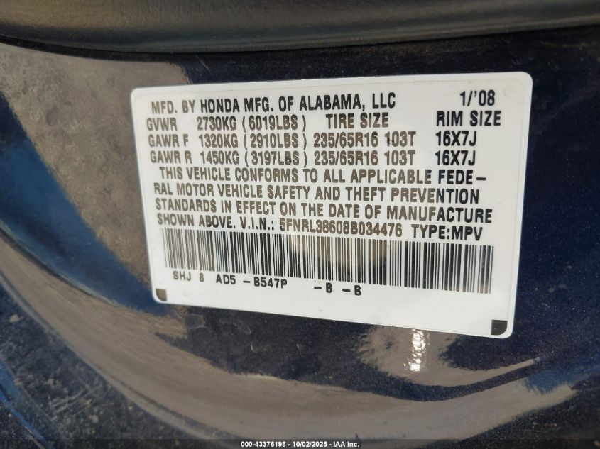 2008 Honda Odyssey Ex-L VIN: 5FNRL38608B034476 Lot: 43376198