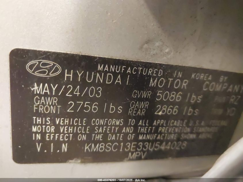 2003 Hyundai Santa Fe Gls/Lx VIN: KM8SC13E33U544028 Lot: 43376203