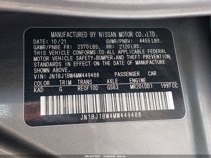 2021 Nissan Rogue Sport Sv Awd Xtronic Cvt VIN: JN1BJ1BW4MW449488 Lot: 43376207