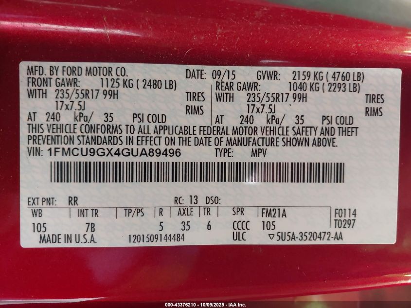 2016 Ford Escape Se VIN: 1FMCU9GX4GUA89496 Lot: 43376210