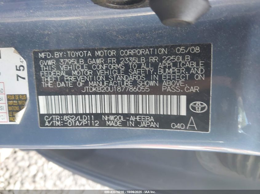 2008 Toyota Prius VIN: JTDKB20U187786055 Lot: 43376216
