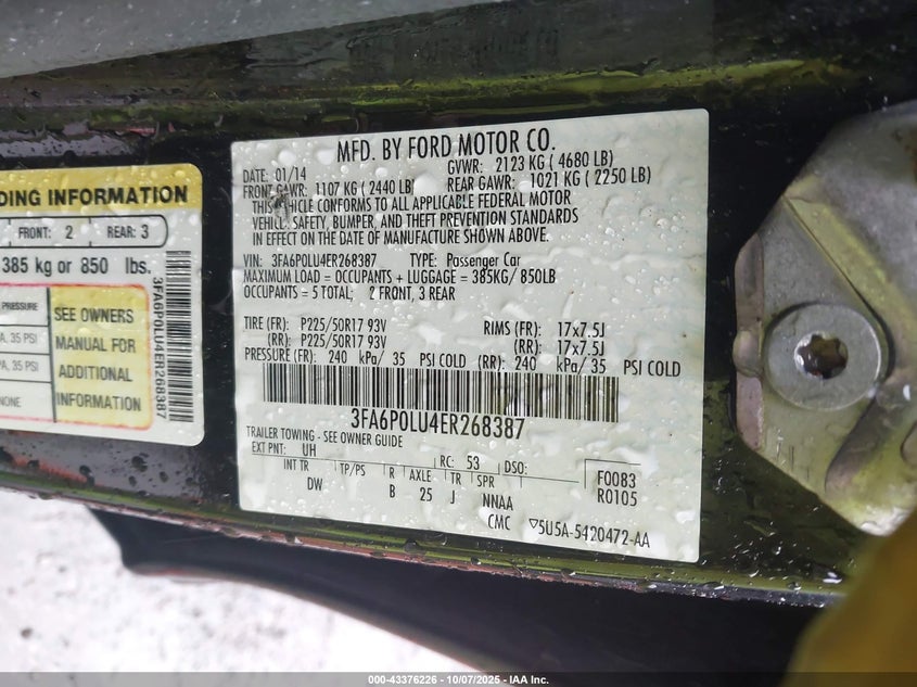 2014 Ford Fusion Hybrid Se VIN: 3FA6P0LU4ER268387 Lot: 43376226