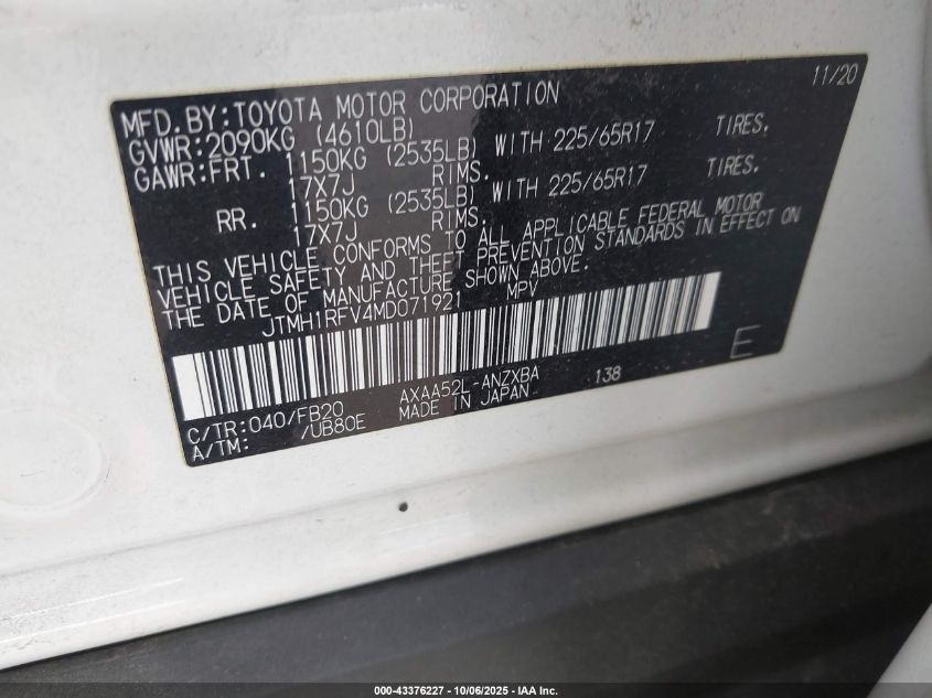 2021 Toyota Rav4 Le VIN: JTMH1RFV4MD071921 Lot: 43376227