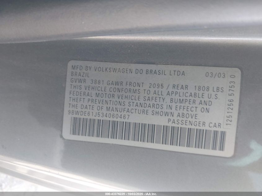 2003 Volkswagen Gti VIN: 9BWDE61J534060467 Lot: 43376229