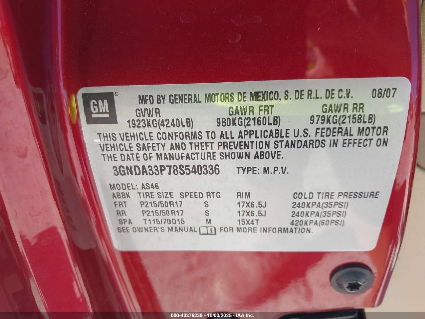 2008 Chevrolet Hhr Lt VIN: 3GNDA33P78S540336 Lot: 43376239