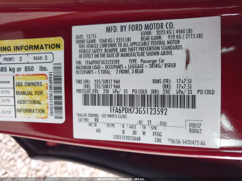 2016 Ford Fusion Se VIN: 1FA6P0H73G5123592 Lot: 43376253