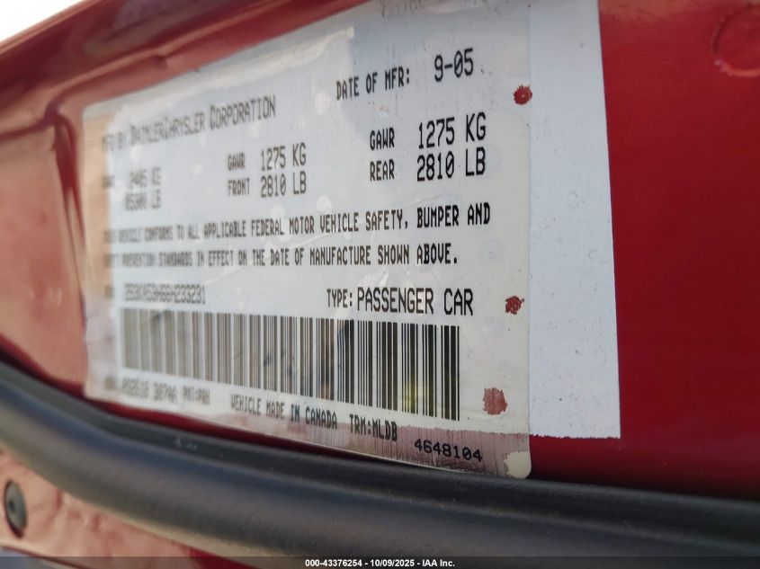 2006 Dodge Charger Rt VIN: 2B3KA53H66H233231 Lot: 43376254