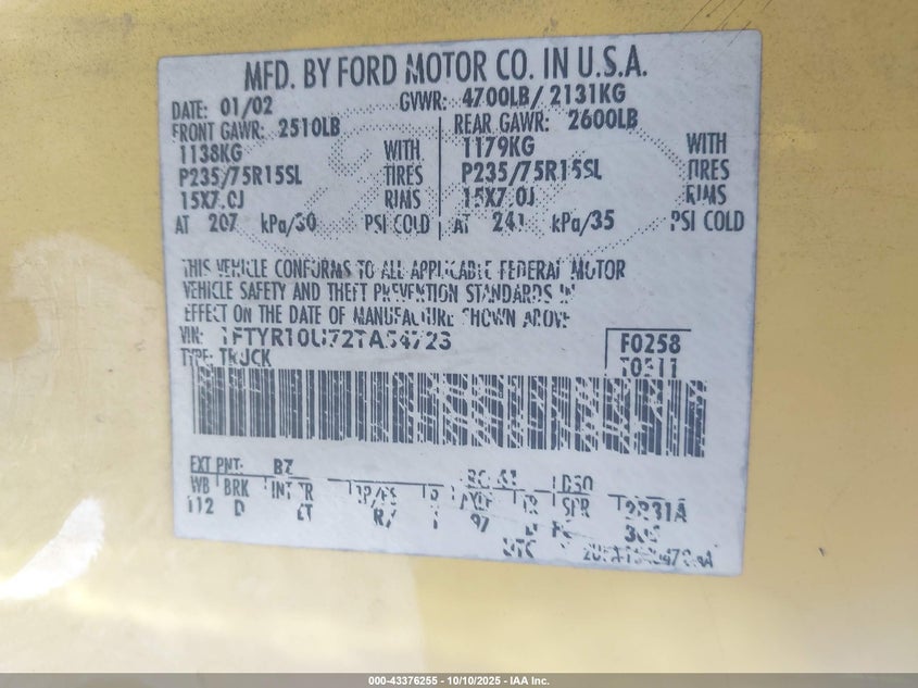 2002 Ford Ranger Edge/Xl/Xlt VIN: 1FTYR10U72TA54723 Lot: 43376255